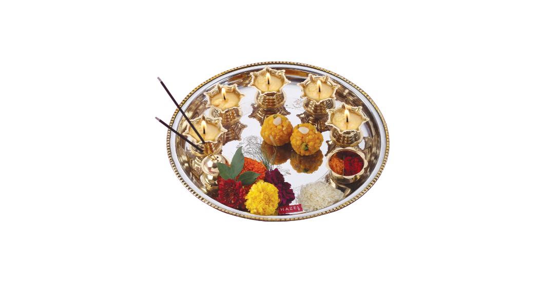 Hazel stainless steel puja aarti thali set with 5 diya, 28 cm silver finish – traditional pooja plate for rituals and festivals