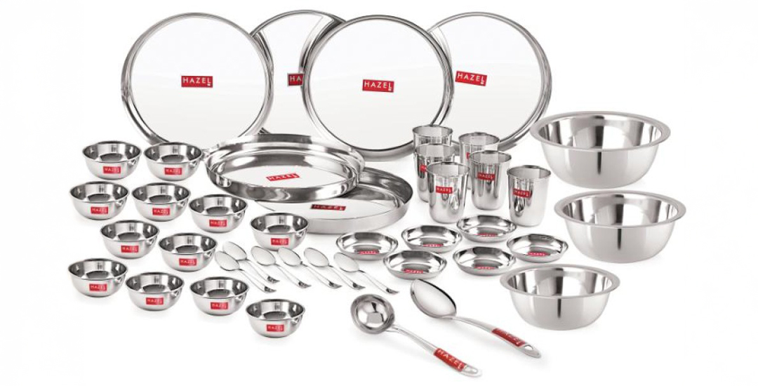 Premium 41-piece stainless steel dinner set including plates, bowls, glasses, spoons, mixing bowls and serving spoons, designed for durability and elegant everyday dining.