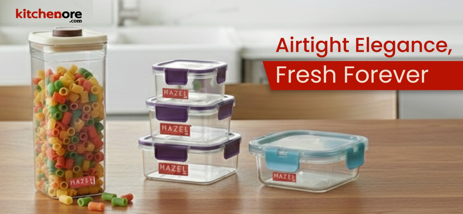 Hazel stainless steel storage containers filled with snacks and pulses arranged on a wooden countertop in a bright kitchen, with Kitchnore.com logo and the headline “Party Magic: Stack & Sparkle”