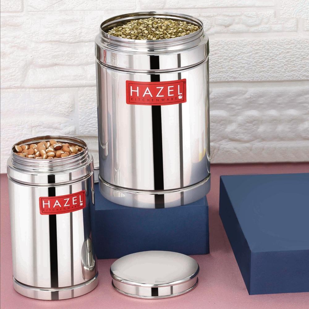 HAZEL Kitchen Steel Container Set Combo of 2 (800ml + 1800ml), Stainless Steel Storage Boxes for Rice, Cereals, Pulses, Snacks with Airtight Lids