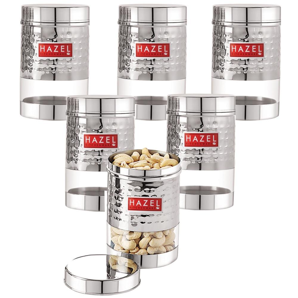 HAZEL Stainless Steel Hammered Finish Transparent Glossy See-Through Container Set – 600 ML Each, Silver, Set of 6