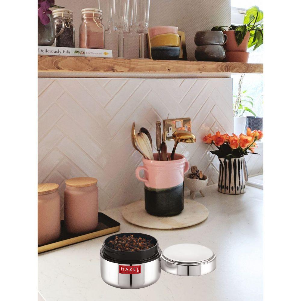 HAZEL stainless steel mini airtight dabbi container, 250?ml silver storage jar for spices and kitchen essentials. 