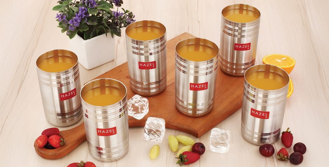 Set of 6 unbreakable stainless steel water glasses with glossy finish, dishwasher-safe and designed for everyday durability and stylish dining.