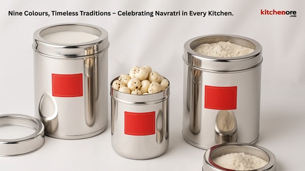 Several silver containers with white and red labels