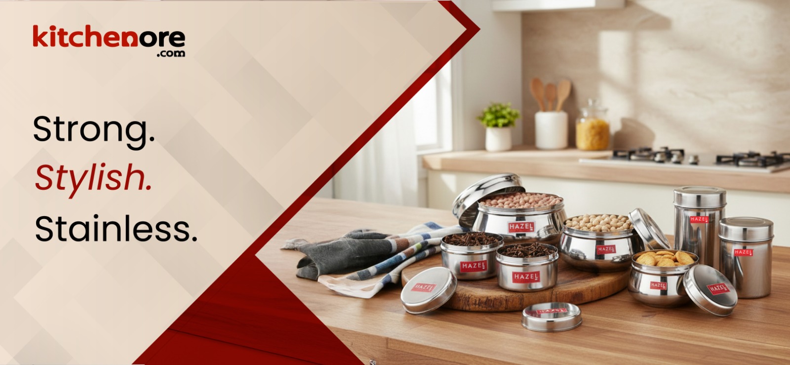 KitchenOre Hazel stainless steel airtight kitchen containers on a wooden countertop, showcasing strong, stylish, rust?resistant food storage jars.