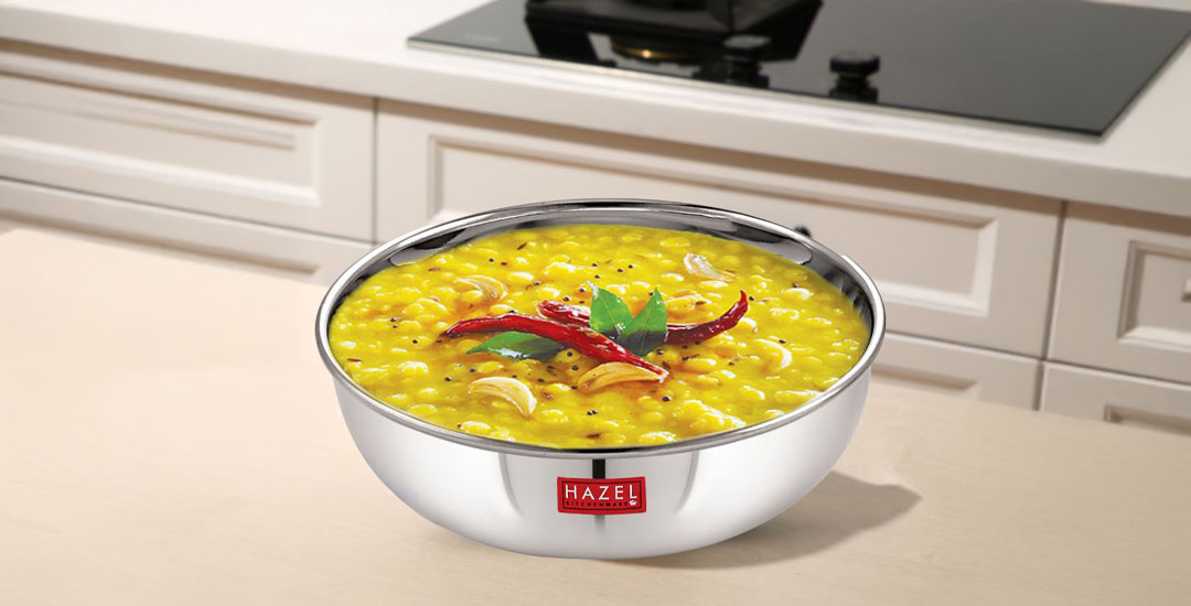 (Hazel stainless steel kadai without handle with copper bottom – 1500 ml silver tasra cookware by KitchenOre) 