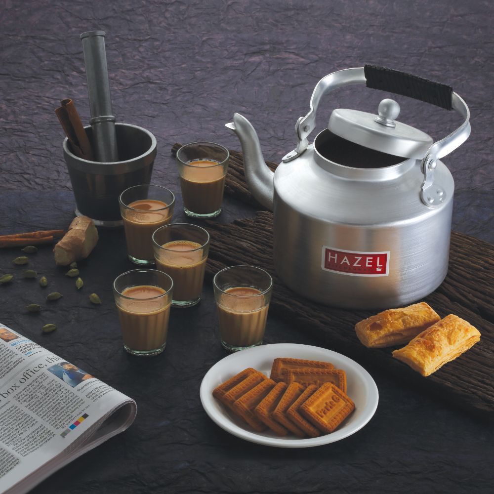 HAZEL Aluminium Indian Traditional Kettle with handle, 12 cm diameter, 500 ml capacity, designed for evenly heating water, ideal for brewing tea and coffee, available at KitchenOre
