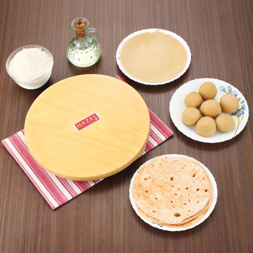 Durable HAZEL wooden chakla belan combo set featuring a large 24 cm brown chakla and matching polpat roti roller, ideal for rolling out perfect rotis and Indian breads, available at KitchenOre.