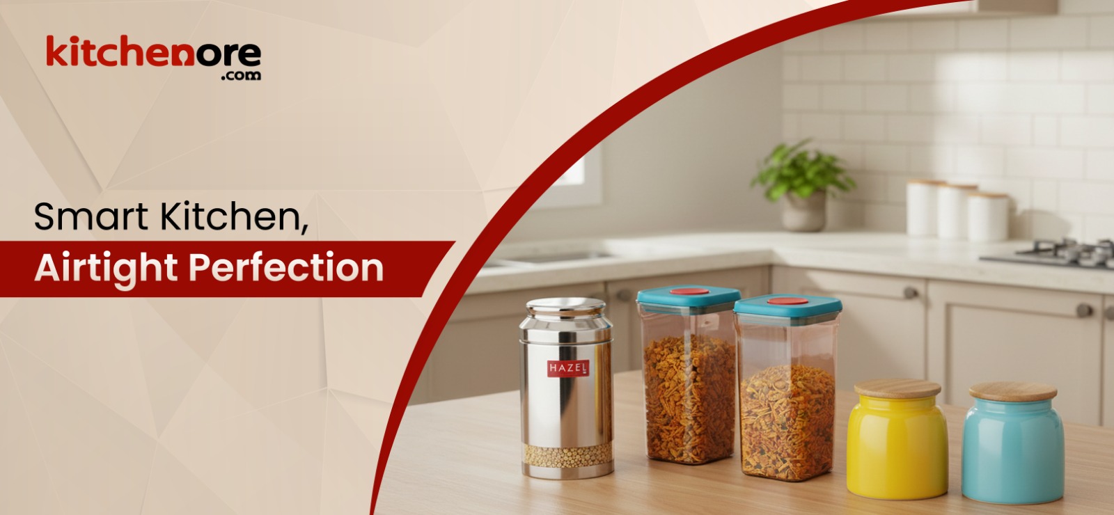 Smart kitchen airtight food storage containers on countertop with KitchenOre logo and tagline Smart Kitchen, Airtight Perfection.