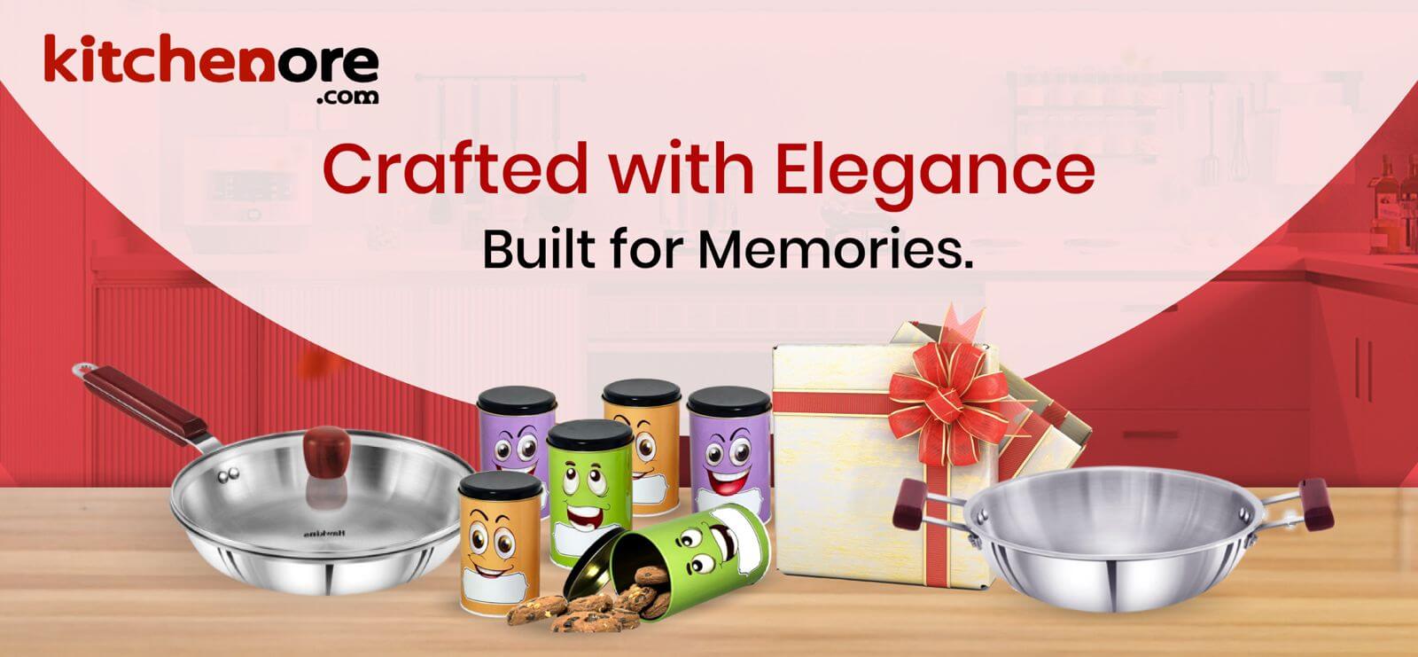 Premium stainless steel kitchenware gift set with cocktail shaker, thali set, and elegant utensils from Kitchenore – crafted with elegance and built for memories.