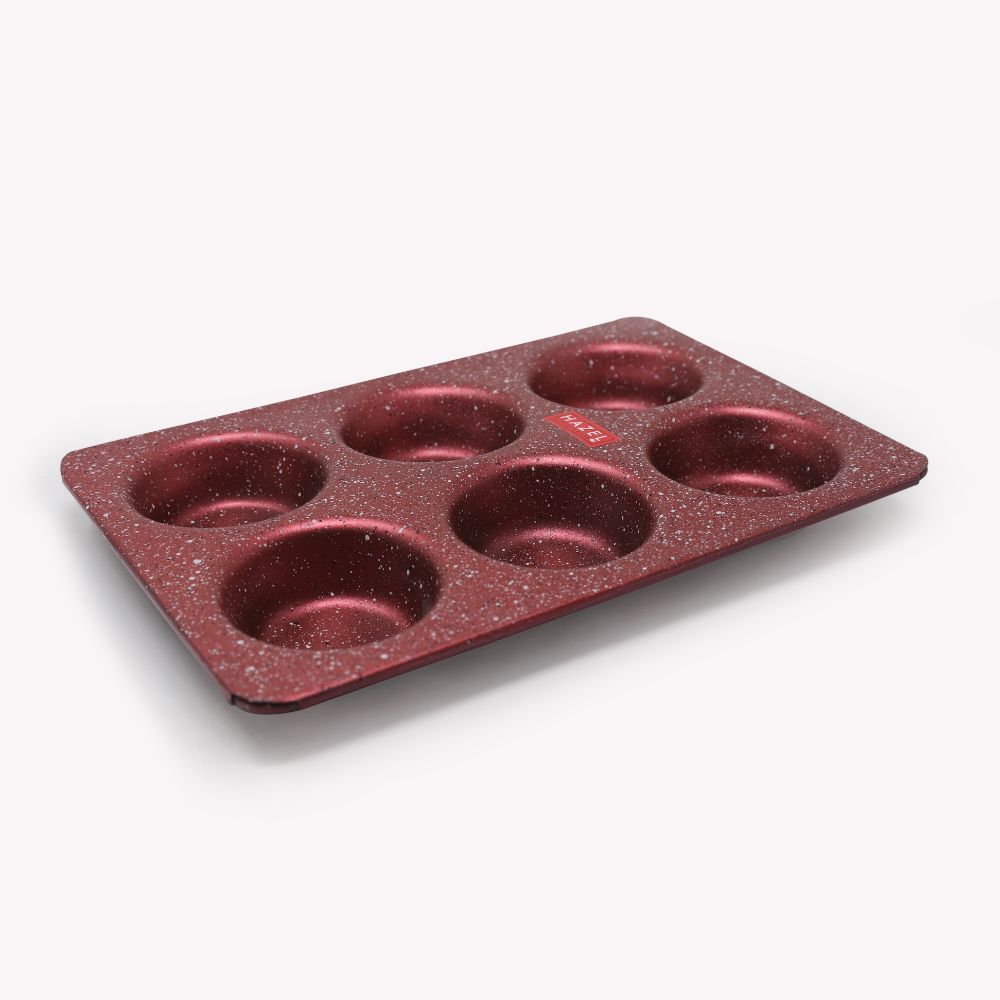 HAZEL Alfa Heavy Gauge Preimium Aluminium Granite Finish Non Stick Microwave Safe Muffin Tray, Red