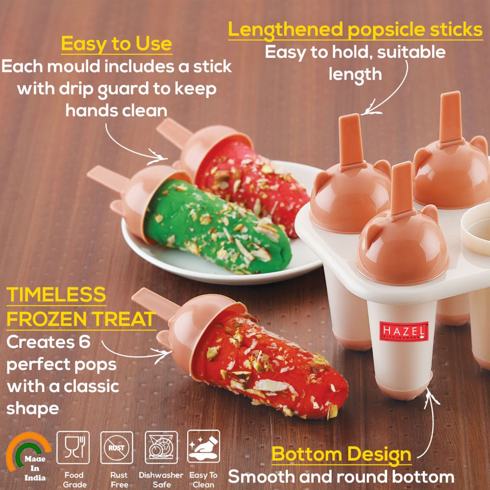 HAZEL Plastic Reusable Kulfi Mould Set of 6 | Kulfi Maker For Children and Adults | Homemade Candy Mould, Popsicle Moulds and Ice Candy Maker | Carrot