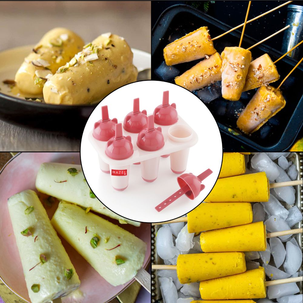 HAZEL Plastic Reusable Kulfi Mould Set of 6 | Kulfi Maker For Children and Adults | Homemade Candy Mould, Popsicle Moulds and Ice Candy Maker | Pink