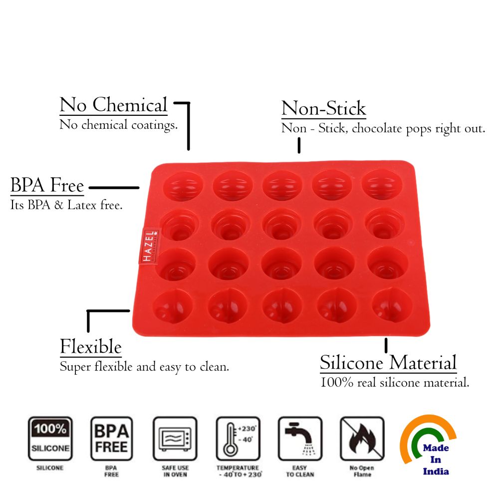 HAZEL Silicone Round Chocolate Ball Dome Shape Candy DIY Homemade Baking Mould, 20 Cavity Slots Oven Safe Reusable, Multi Design, Red