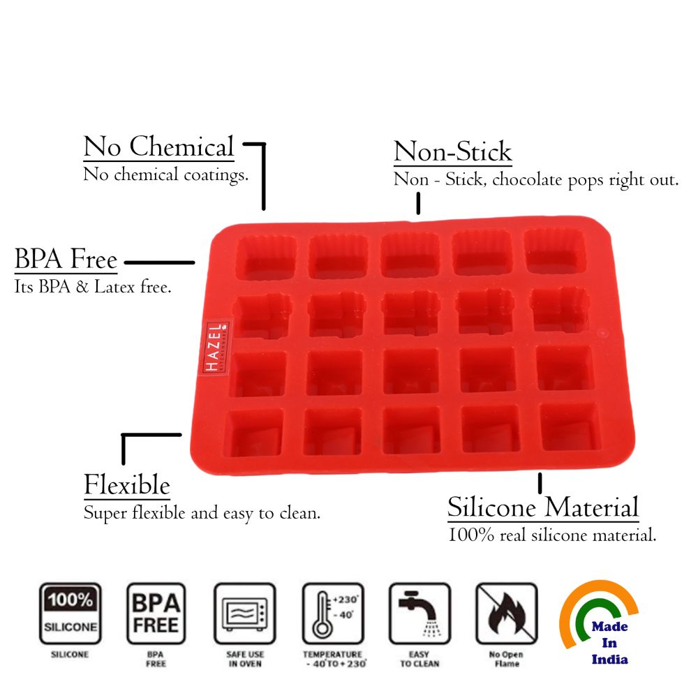 HAZEL Silicone Square Chocolate 3D Candy Baking Mould Tray Cake Soap Ice Cream Jelly 20 Cavity Slots Oven Safe Reusable, Multi Design, Red
