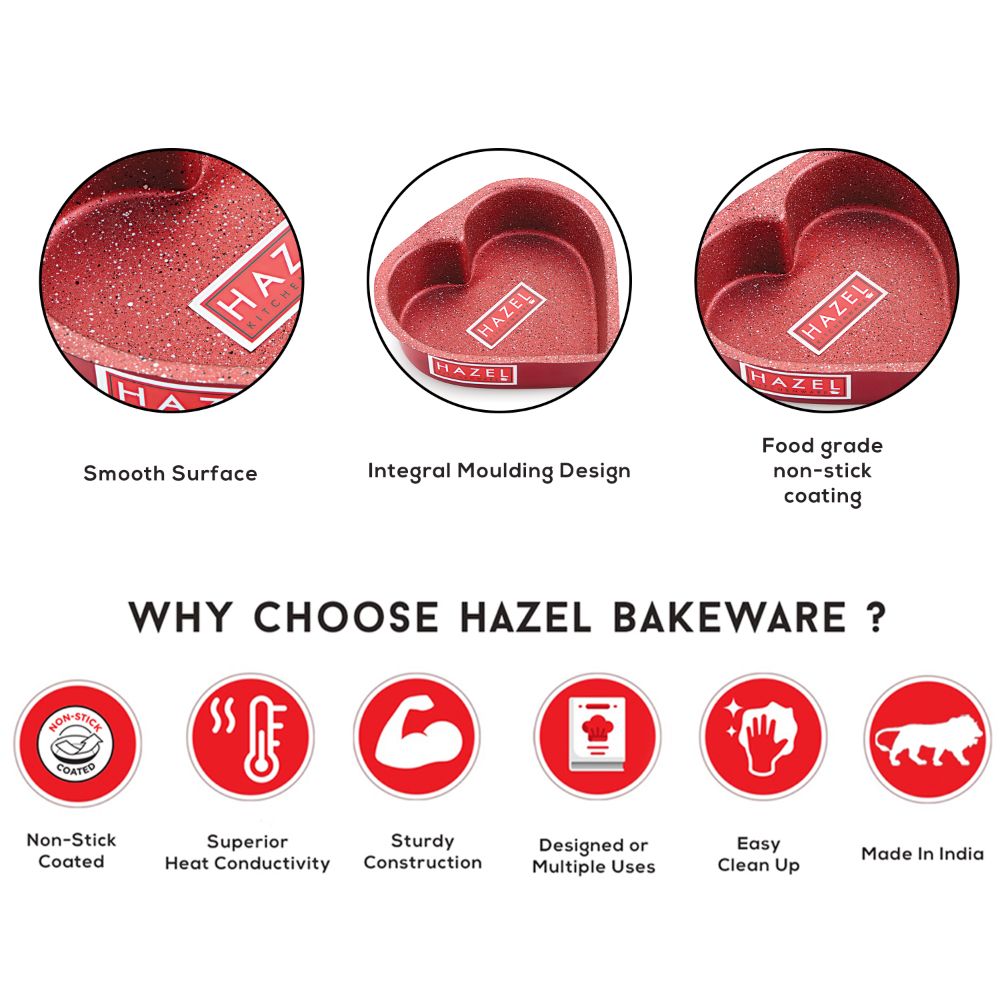 HAZEL Cake Mould Non Stick Mold Heavy Gauge Heart Baking Pans 1/2kg Aluminized Steel 500 gm For Microwave Oven OTG Baking Pan, Red