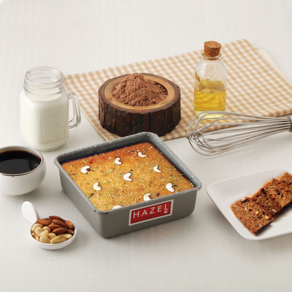 HAZEL Cake Mould Non Stick Mold Heavy Gauge Square 1/2kg Aluminized Steel 500 gm For Microwave Oven OTG Baking Pan, Grey