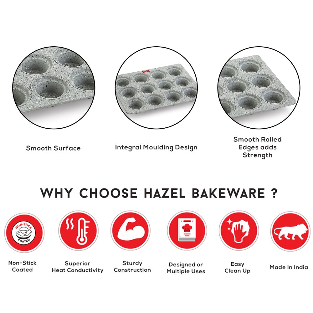 HAZEL Aluminium Cupcake Muffin Mould Microwave Safe 12 Cups Non Stick Granite Finish Mini Crown Muffin Pan Chocolate Baking Tray for House and Bakery, Grey