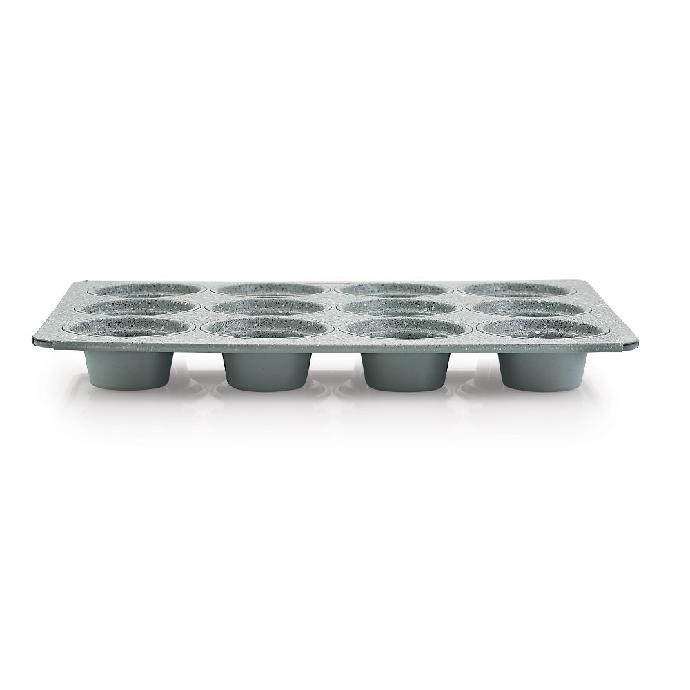 HAZEL Aluminium Cupcake Muffin Mould Microwave Safe 12 Cups Non Stick Granite Finish Mini Crown Muffin Pan Chocolate Baking Tray for House and Bakery, Grey
