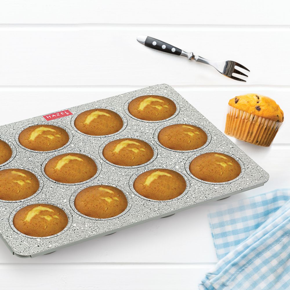 HAZEL Aluminium Cupcake Muffin Mould Microwave Safe 12 Cups Non Stick Granite Finish Mini Crown Muffin Pan Chocolate Baking Tray for House and Bakery, Grey