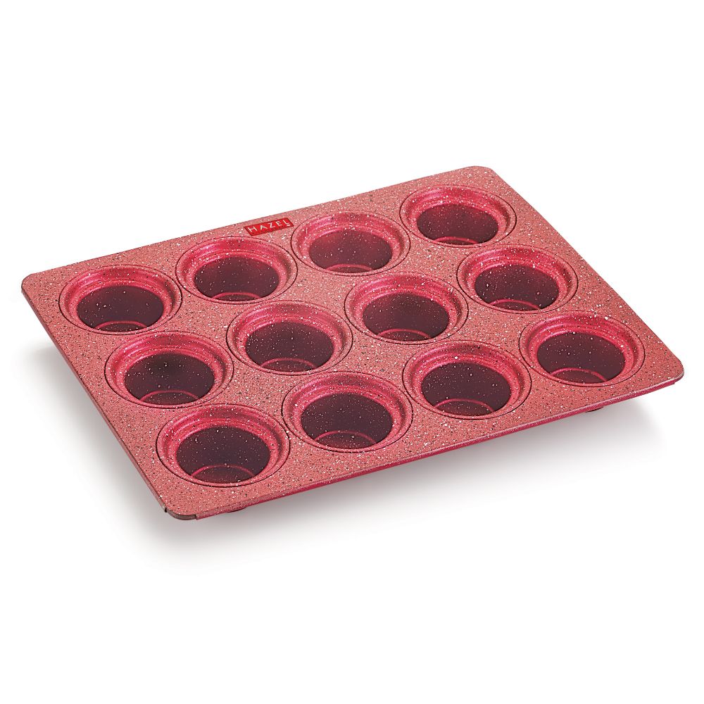 HAZEL Aluminium Cupcake Muffin Mould Microwave Safe 12 Cups Non Stick Granite Finish Mini Crown Muffin Pan Chocolate Baking Tray for House and Bakery, Red