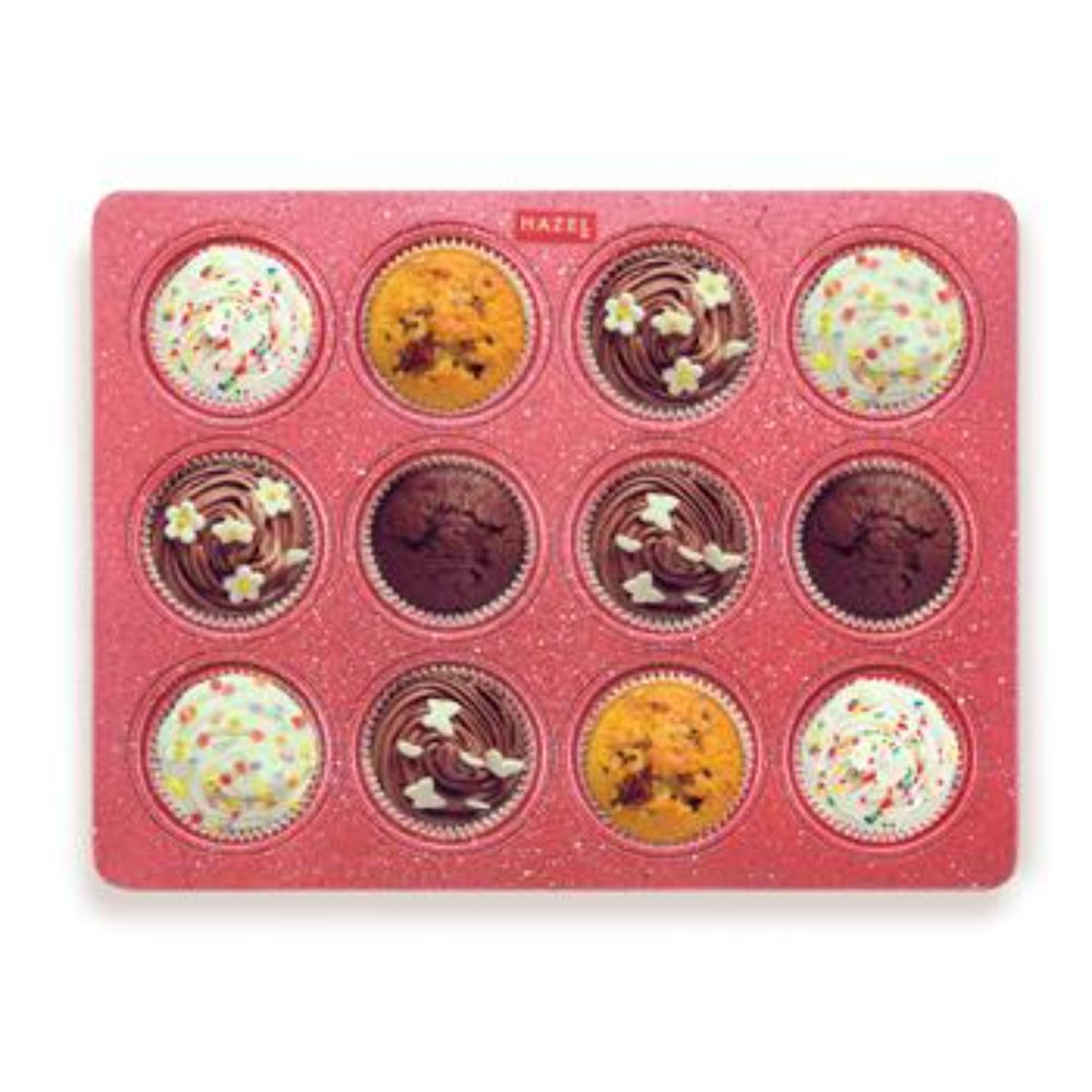 HAZEL Aluminium Cupcake Muffin Mould Microwave Safe 12 Cups Non Stick Granite Finish Mini Crown Muffin Pan Chocolate Baking Tray for House and Bakery, Red