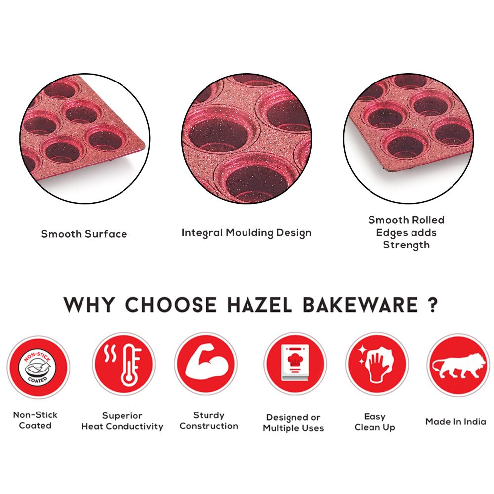 HAZEL Aluminium Cupcake Muffin Mould Microwave Safe 12 Cups Non Stick Granite Finish Mini Crown Muffin Pan Chocolate Baking Tray for House and Bakery, Red