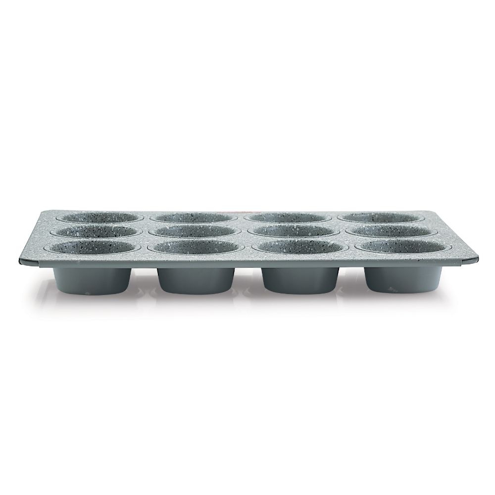 HAZEL Aluminium Cupcake Muffin Mould Microwave Safe 12 Cups Non Stick Granite Finish Muffin Pan Chocolate Baking Tray for House and Bakery, Grey
