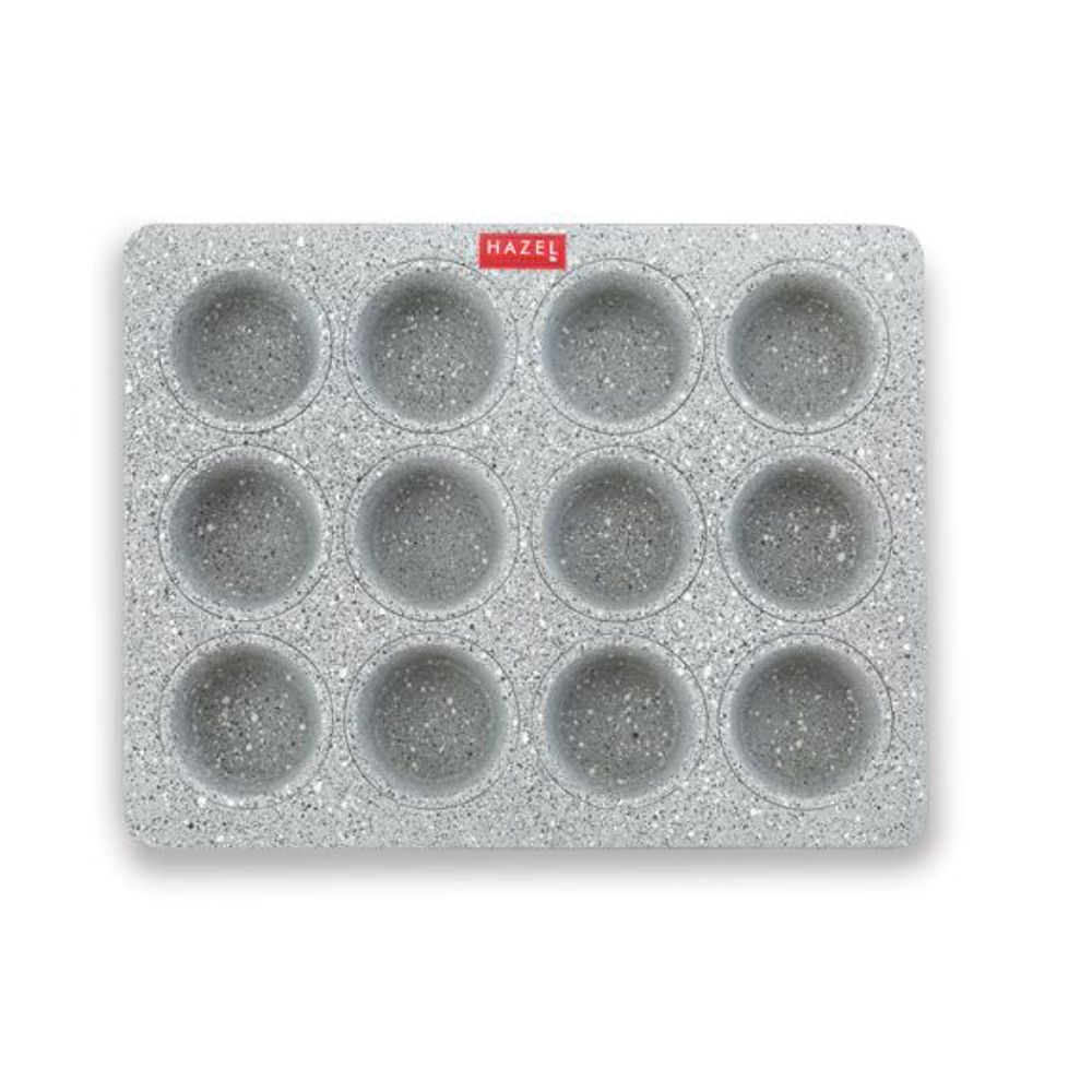 HAZEL Aluminium Cupcake Muffin Mould Microwave Safe 12 Cups Non Stick Granite Finish Muffin Pan Chocolate Baking Tray for House and Bakery, Grey
