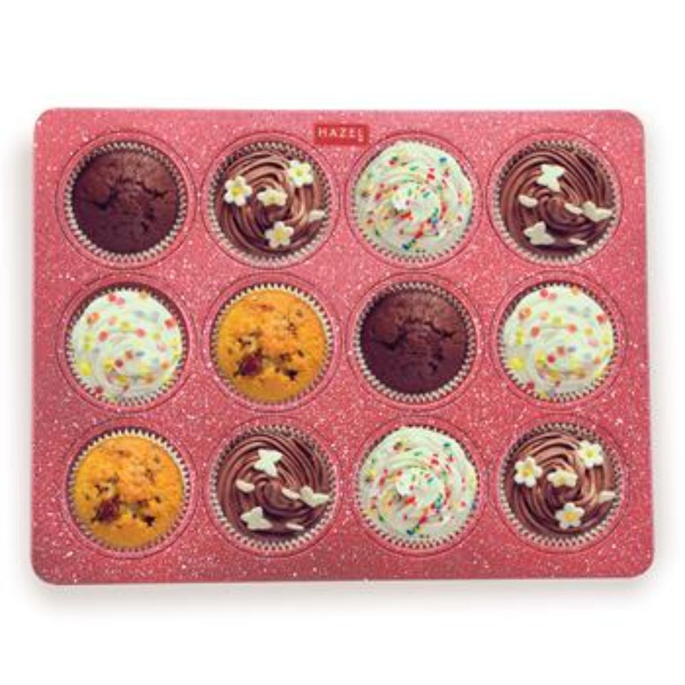 HAZEL Aluminium Cupcake Muffin Mould Microwave Safe 12 Cups Non Stick Granite Finish Muffin Pan Chocolate Baking Tray for House and Bakery, Red
