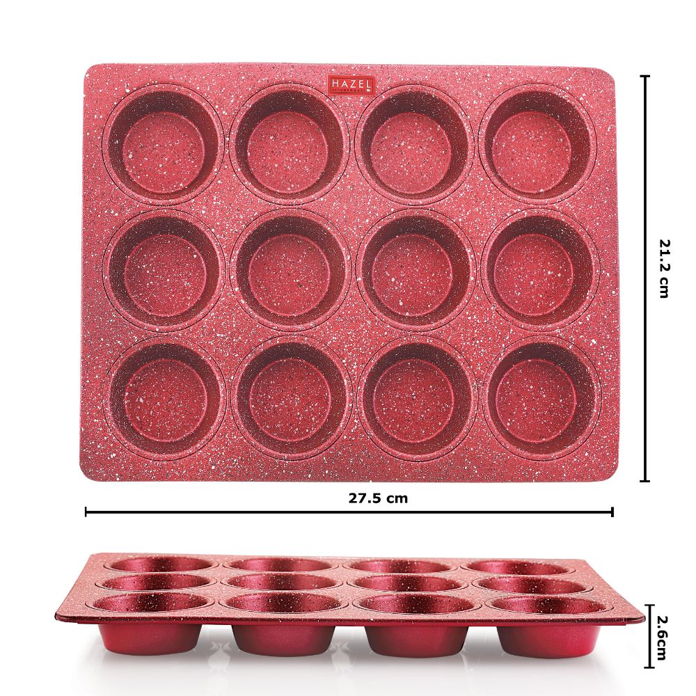 HAZEL Aluminium Cupcake Muffin Mould Microwave Safe 12 Cups Non Stick Granite Finish Muffin Pan Chocolate Baking Tray for House and Bakery, Red