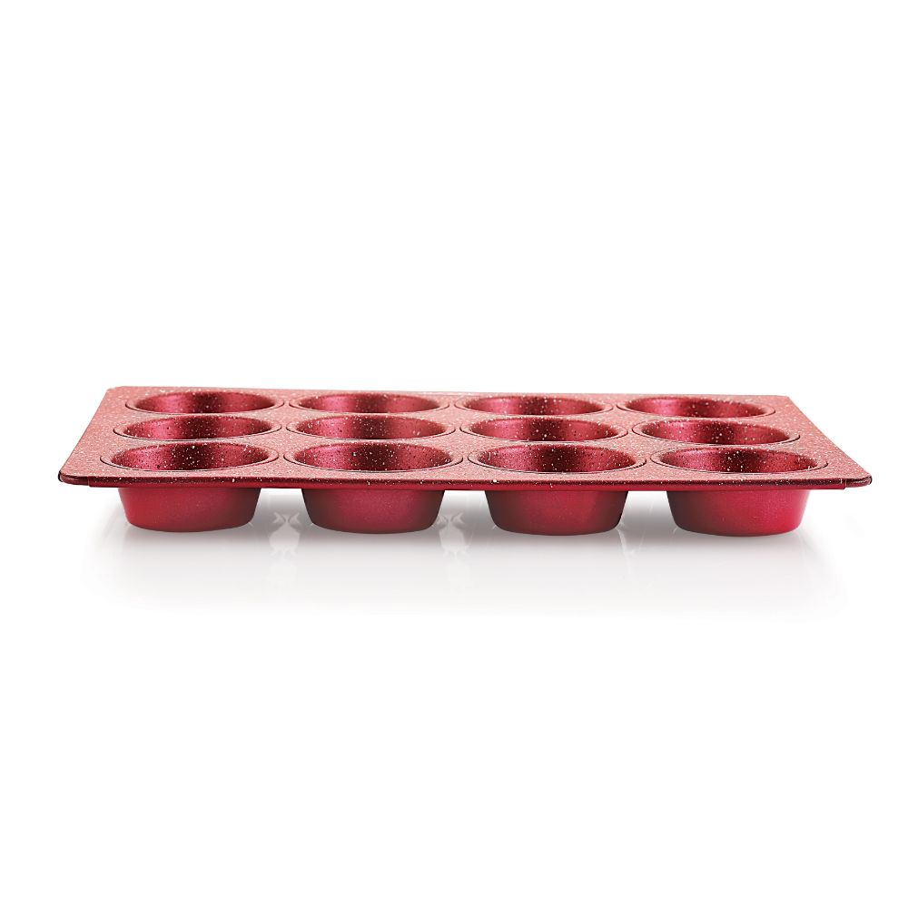 HAZEL Aluminium Cupcake Muffin Mould Microwave Safe 12 Cups Non Stick Granite Finish Muffin Pan Chocolate Baking Tray for House and Bakery, Red