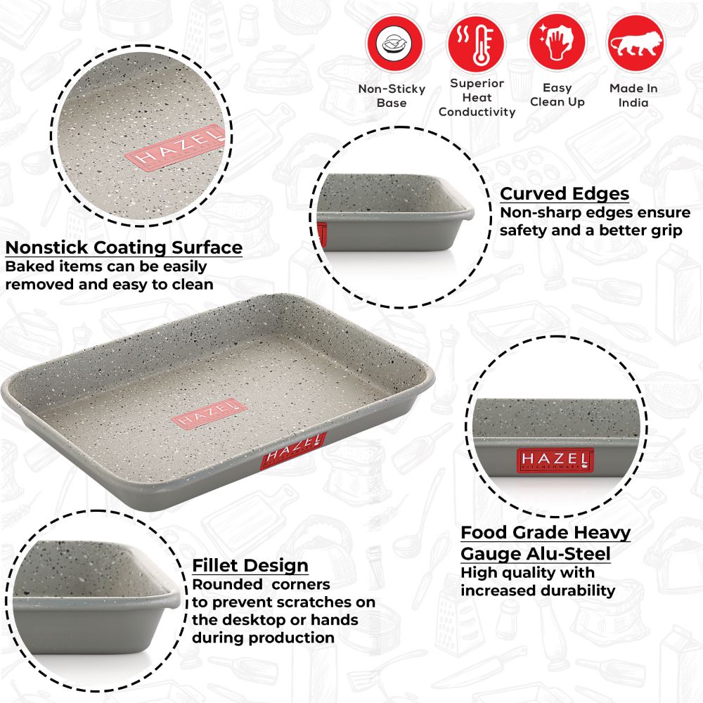HAZEL Non Stick Cake Tray for Baking | Easy Release Rectangular Baking Tray For Homemade Cake with Granite Finish | Nonstick Baking Tray | Aluminized Steel Cake Baking Tray, Grey