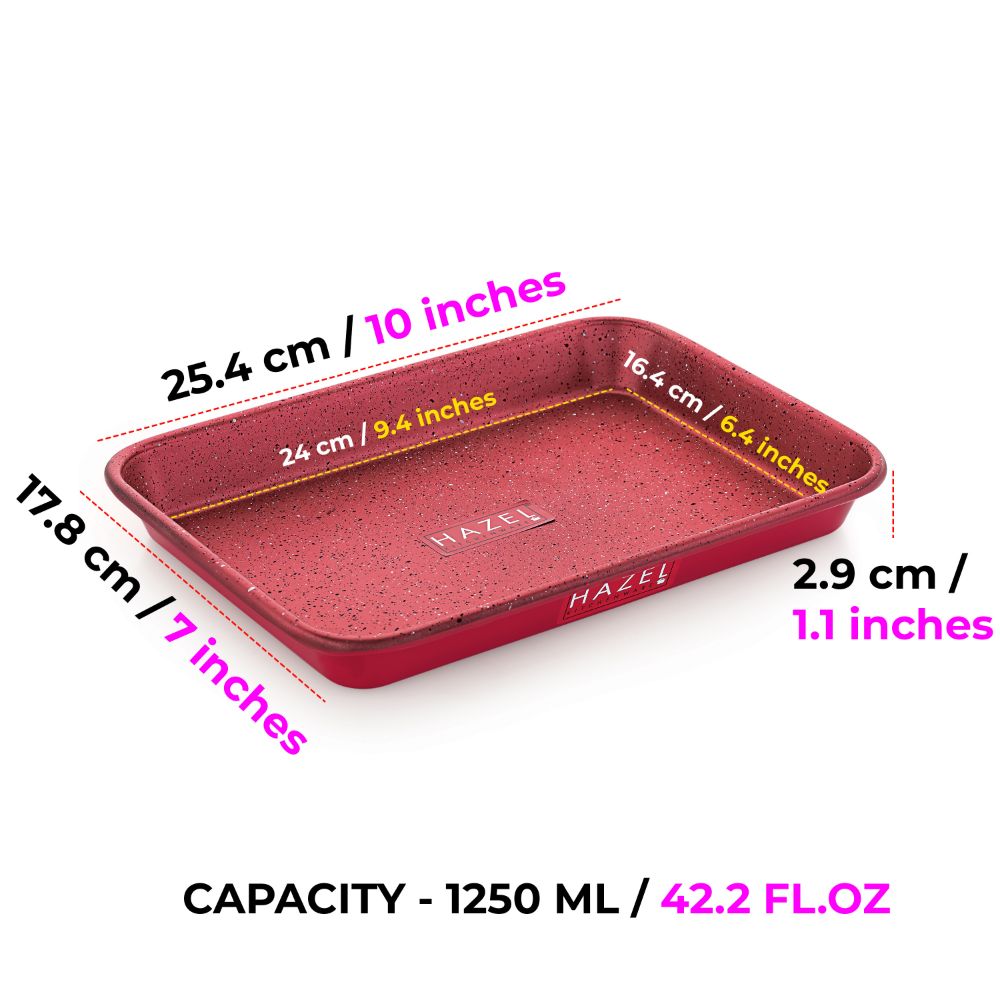 HAZEL Non Stick Cake Tray for Baking | Easy Release Rectangular Baking Tray For Homemade Cake with Granite Finish | Nonstick Burger Serving Tray |Aluminized Steel Cake Baking Tray, Red