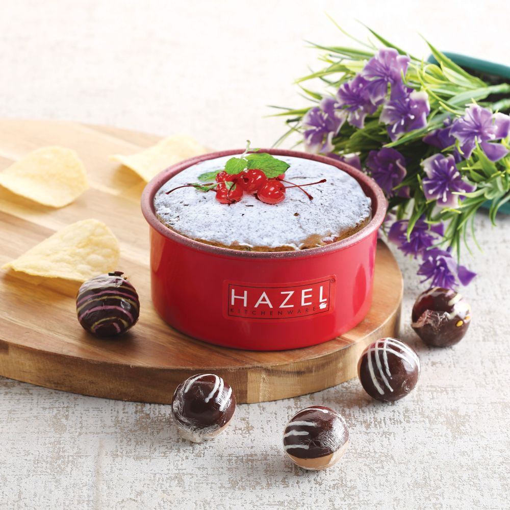 HAZEL Cake Mould for Baking for Small Cake | 4 Inch Cake Tin Non Stick Easy release With Granite Finish | Microwave Safe Small Cake Pan, Red (For 200 gram cake)
