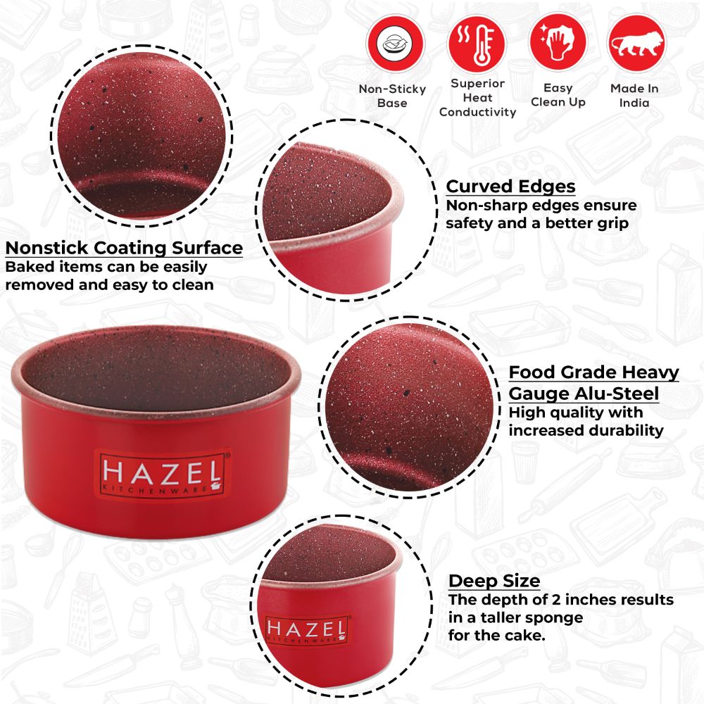HAZEL Cake Mould for Baking for Small Cake | 4 Inch Cake Tin Non Stick Easy release With Granite Finish | Microwave Safe Small Cake Pan, Red (For 200 gram cake)