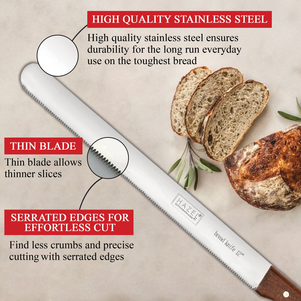 HAZEL Bread Knife For Cutting | 12 Inch Narrow Tooth Serrated Bread Cutting Knife with Wooden Handle | Stainless Steel Cake Cutter Slicer Tool