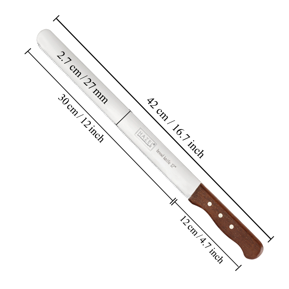 HAZEL Bread Knife For Cutting | 12 Inch Narrow Tooth Serrated Bread Cutting Knife with Wooden Handle | Stainless Steel Cake Cutter Slicer Tool
