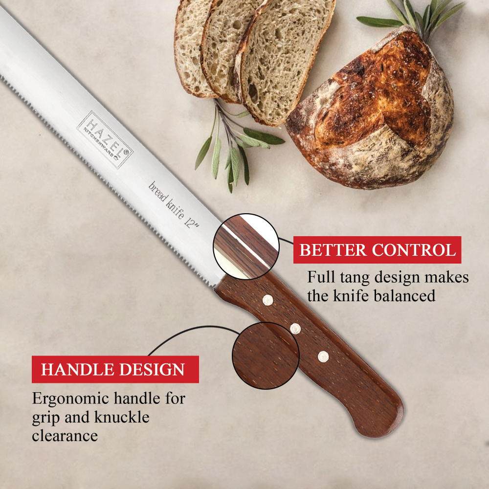 HAZEL Bread Knife For Cutting | 12 Inch Narrow Tooth Serrated Bread Cutting Knife with Wooden Handle | Stainless Steel Cake Cutter Slicer Tool
