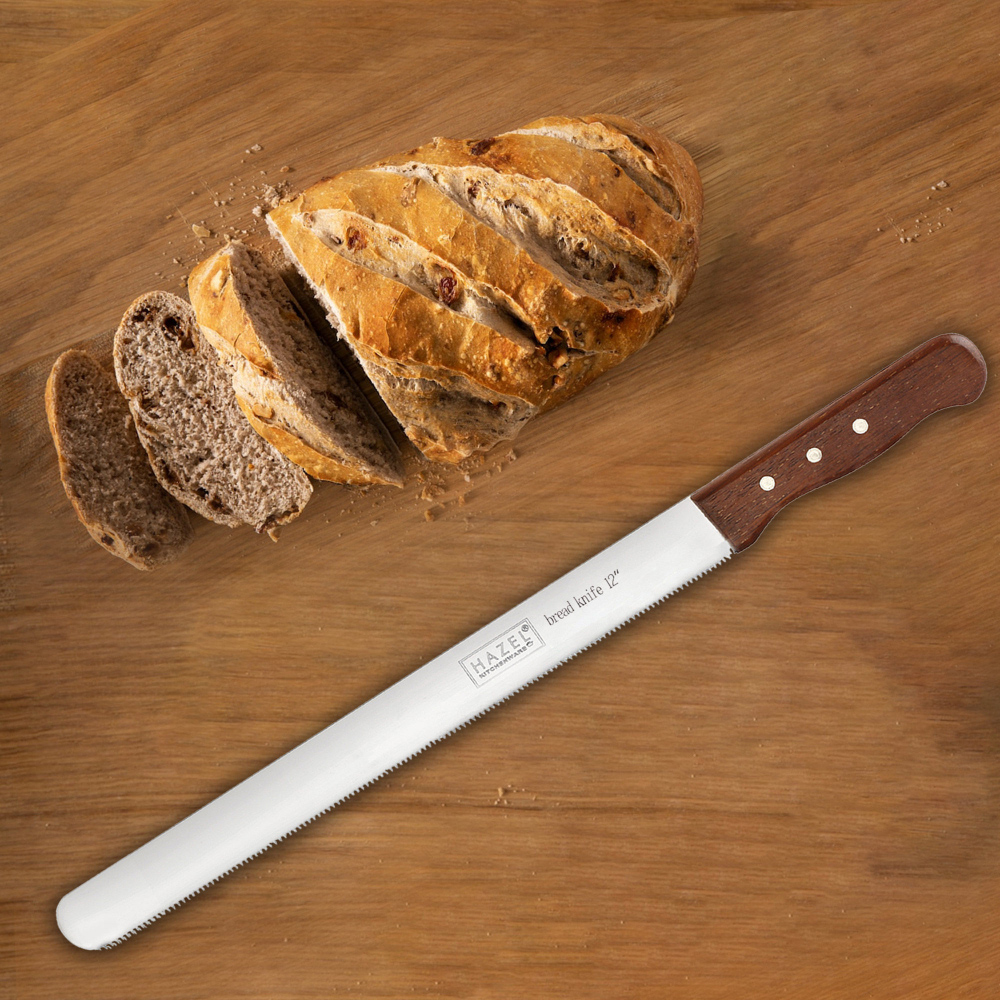 HAZEL Bread Knife For Cutting | 12 Inch Narrow Tooth Serrated Bread Cutting Knife with Wooden Handle | Stainless Steel Cake Cutter Slicer Tool