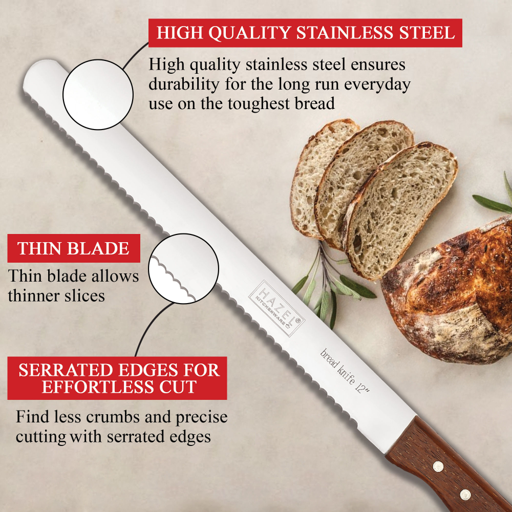 HAZEL Bread Knife For Cutting | 12 Inch Wide Tooth Serrated Bread Cutting Knife with Wooden Handle | Stainless Steel Cake Cutter Slicer Tool