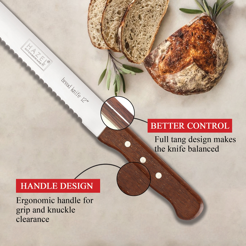 HAZEL Bread Knife For Cutting | 12 Inch Wide Tooth Serrated Bread Cutting Knife with Wooden Handle | Stainless Steel Cake Cutter Slicer Tool