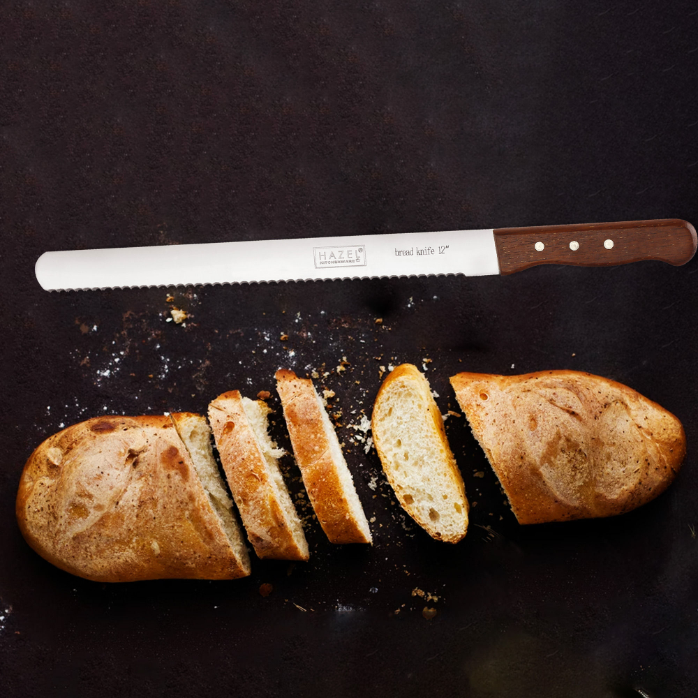 HAZEL Bread Knife For Cutting | 12 Inch Wide Tooth Serrated Bread Cutting Knife with Wooden Handle | Stainless Steel Cake Cutter Slicer Tool