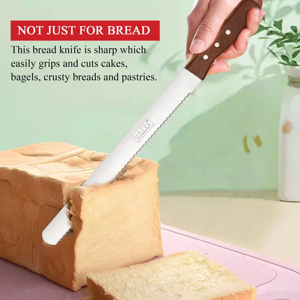 HAZEL Bread Knife For Cutting | 12 Inch Wide Tooth Serrated Bread Cutting Knife with Wooden Handle | Stainless Steel Cake Cutter Slicer Tool