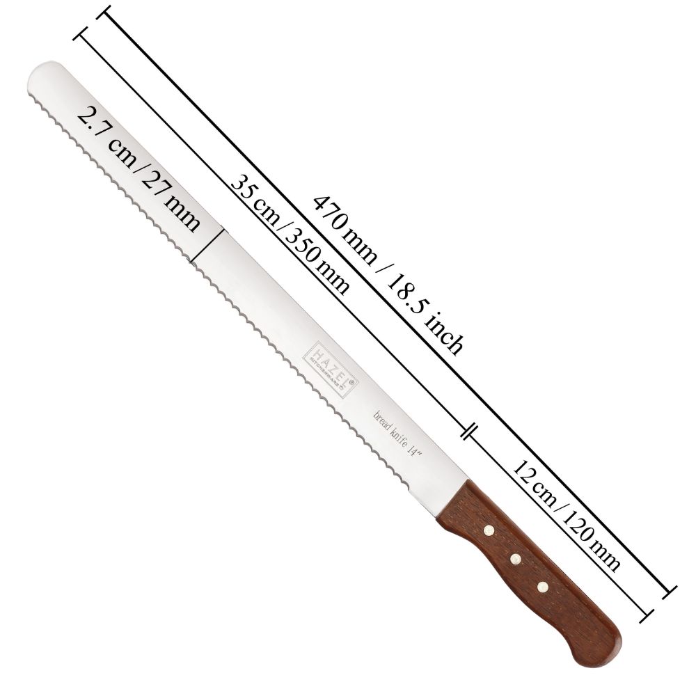 HAZEL Bread Knife For Cutting | 14 Inch Wide Tooth Serrated Bread Cutting Knife with Wooden Handle | Stainless Steel Cake Cutter Slicer Tool | Wide Tooth Bread Knife