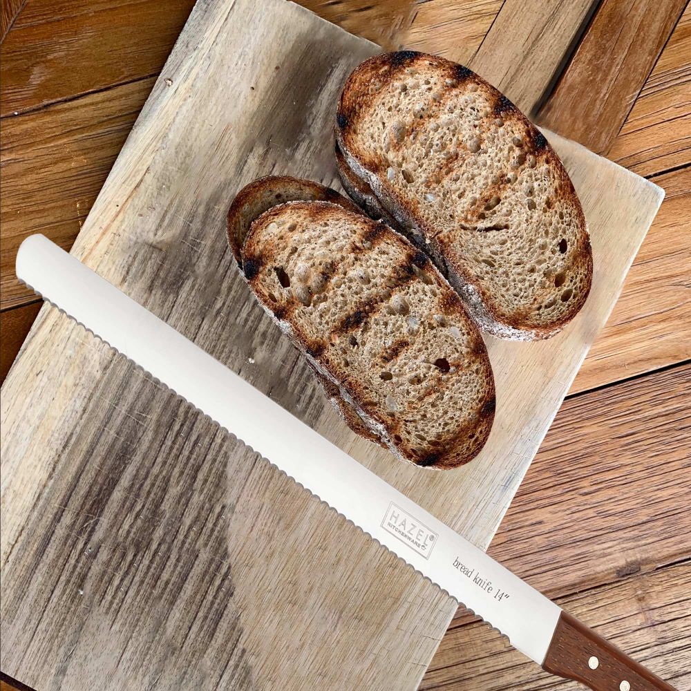 HAZEL Bread Knife For Cutting | 14 Inch Wide Tooth Serrated Bread Cutting Knife with Wooden Handle | Stainless Steel Cake Cutter Slicer Tool | Wide Tooth Bread Knife