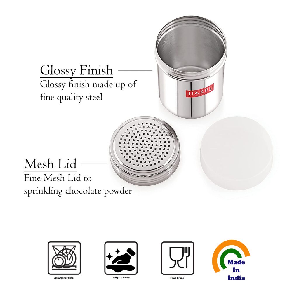 HAZEL Stainless Steel Powder Shaker And Plastic Lid Cap|Dredger without Handle |Salt And Pepper Cellar Cocoa Chocolate Powder Shaker, 310 ML, Silver