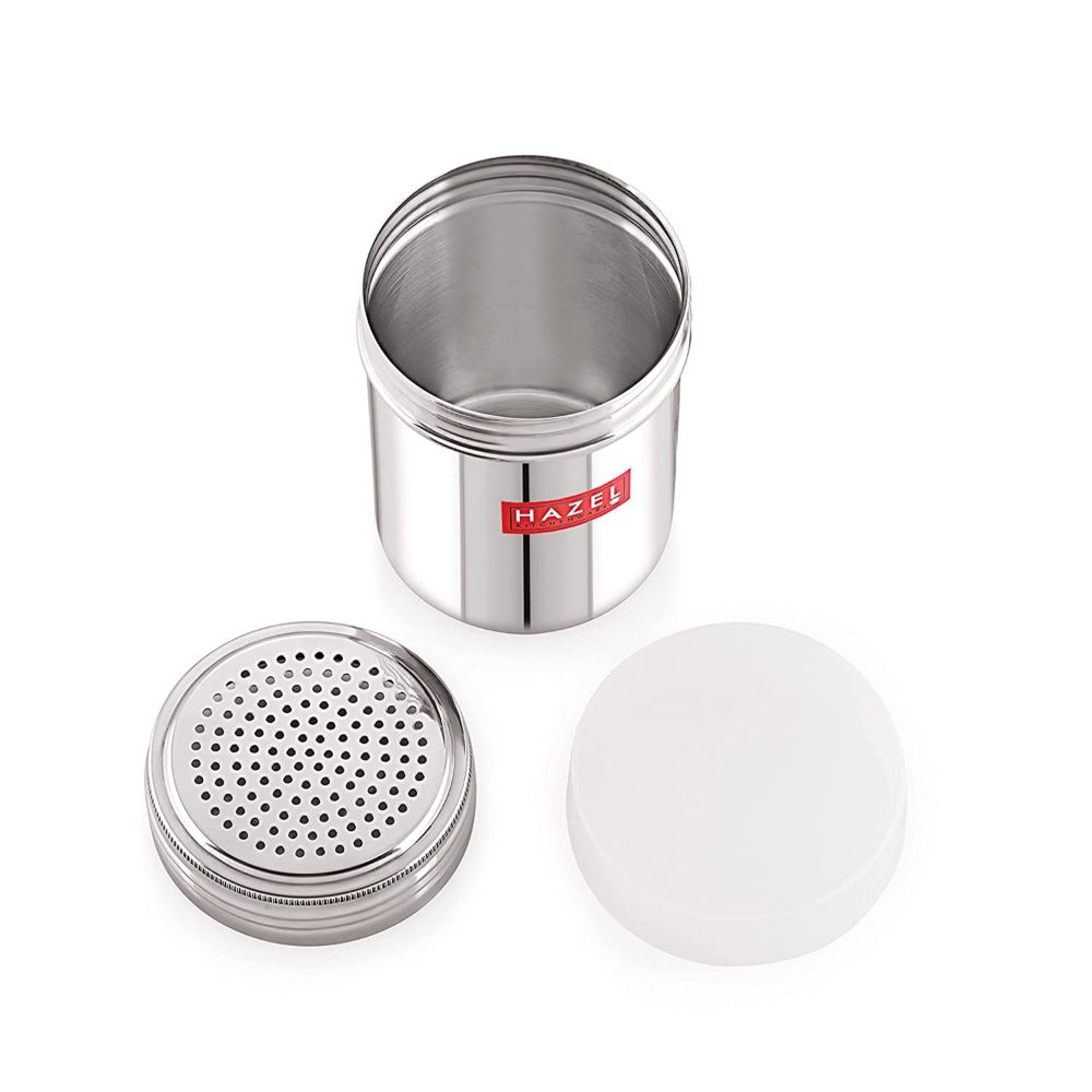 HAZEL Stainless Steel Powder Shaker And Plastic Lid Cap|Dredger without Handle |Salt And Pepper Cellar Cocoa Chocolate Powder Shaker, 310 ML, Silver