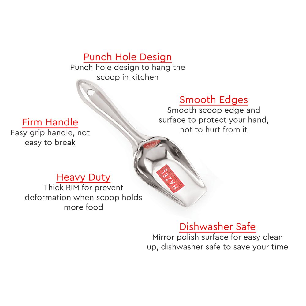 HAZEL Stainless Steel Scoop Spoon | Grocery Flour Grain Dry Foods Candy Spice Scoop | Steel Scoops For Grocery Shop Store | Grocery Shop Accessories Equipment, Small, Silver