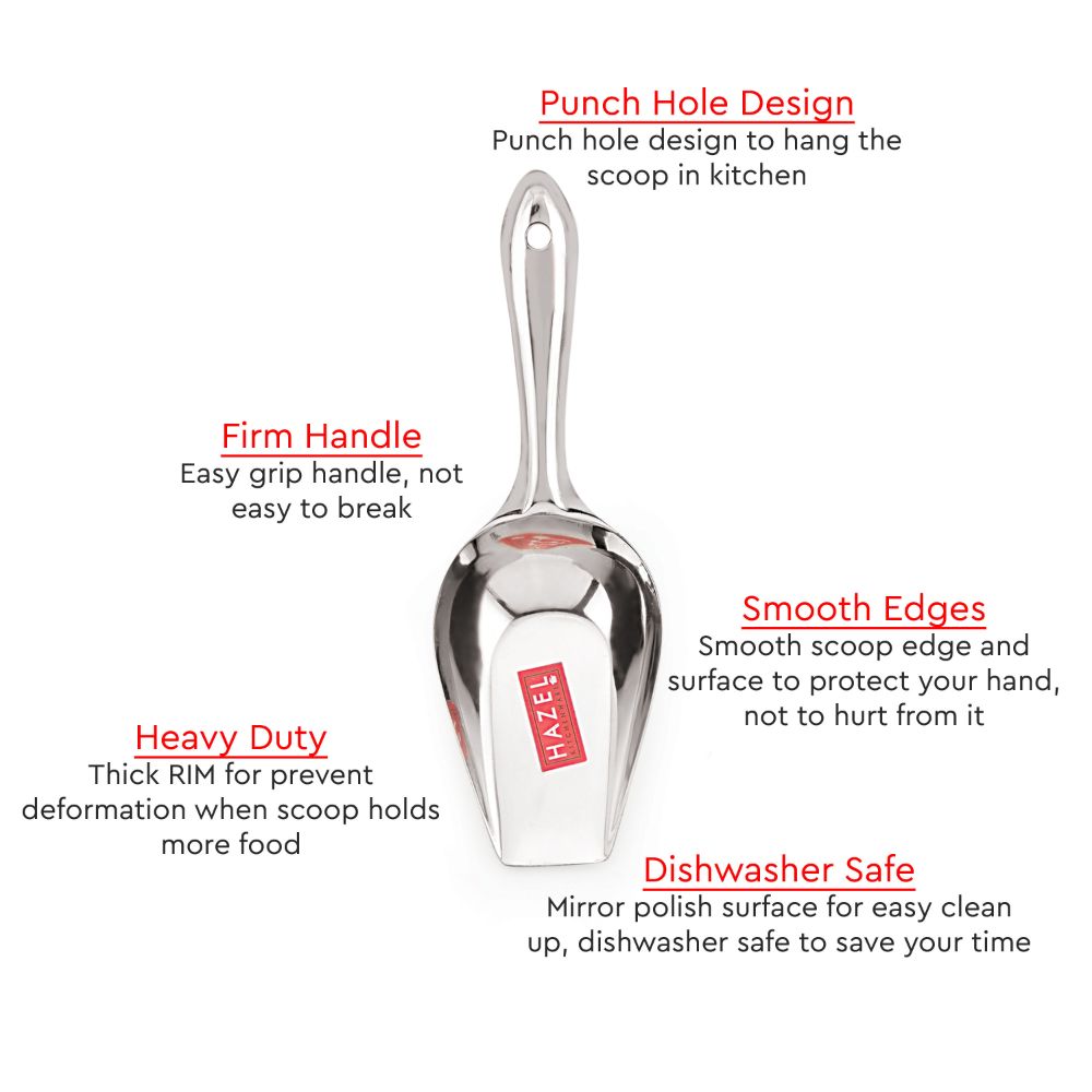 HAZEL Stainless Steel Scoop Spoon | Grocery Flour Grain Dry Foods Candy Spice Scoop | Steel Scoops For Grocery Shop Store | Grocery Shop Accessories Equipment, Medium, Silver,VR11332